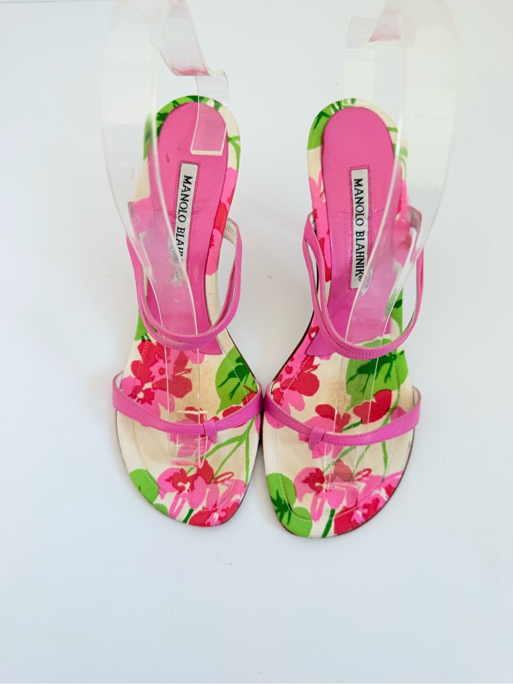 Manolo Blahnik Discus Pink Floral Thong Sandals Vintage Heels 36.5 - Picture 10 of 11